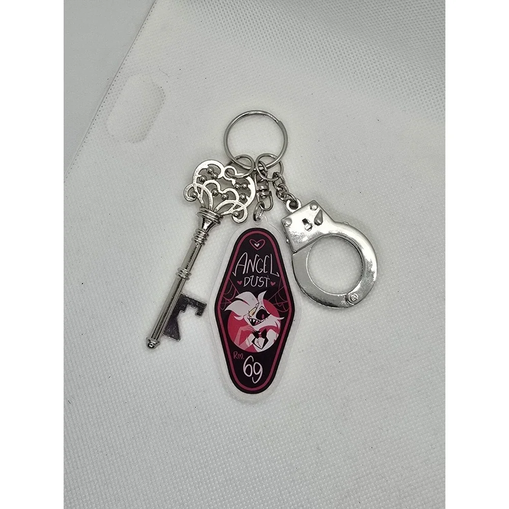 Angel Dust Hazbin Hotel Keychain,  with bottle opener key, and handcuff HANDMADE